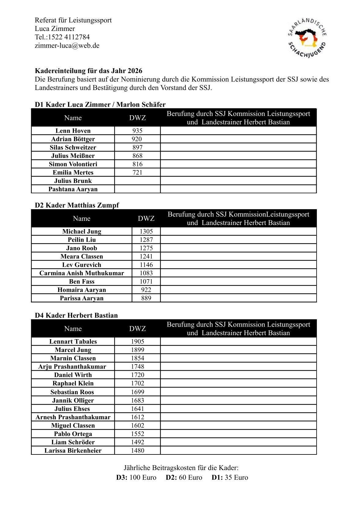 Kadereinteilung 2026 2